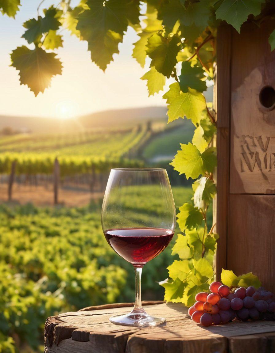 A beautifully arranged wine glass filled with rich red wine, surrounded by lush green grapevines and golden sunlight filtering through the leaves. Include a rustic wooden vineyard sign in the background, and a subtle map of wine regions etched into the sky. The scene should evoke warmth and a sense of connection to nature. super-realistic. vibrant colors. soft focus.