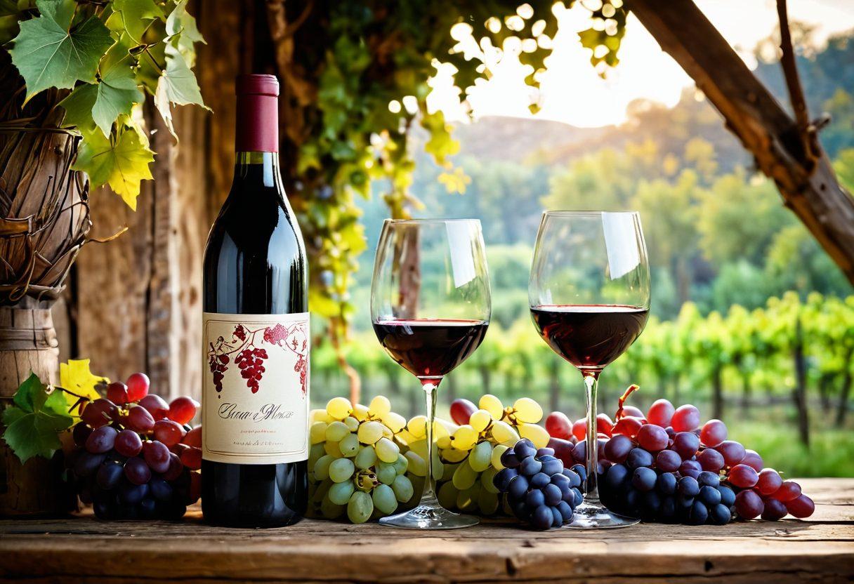 An elegant wine bottle and glass set on a rustic wooden table, surrounded by vibrant grapevines. Soft, warm light filters through, highlighting a couple clinking glasses in joyful celebration. Background features diverse cultural elements like traditional fabrics and small art pieces, symbolizing connections through wine. The ambiance feels warm and inviting, with hints of nature and joy. super-realistic. vibrant colors. warm lighting.