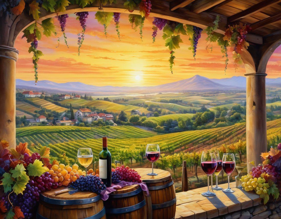 A beautiful vineyard with grapes hanging heavily on the vines, showcasing a tapestry of colors. Include a diverse group of people from different cultures cheerfully clinking wine glasses together under a sunset, symbolizing connection and celebration. Incorporate winemaking elements like barrels and wine bottles in the background. Artistic touch with vibrant colors and a warm atmosphere. painting. vibrant colors.